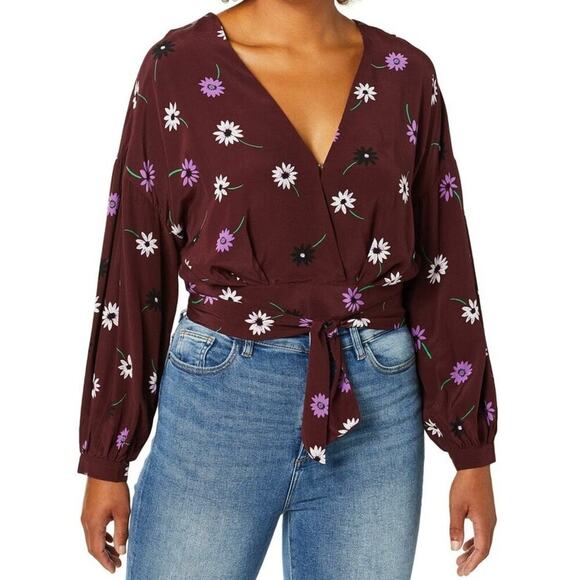 New Revolve  ASTR the Label Jaise Merlot Floral Tie Back Wrap Cropped Top - Picture 1 of 7